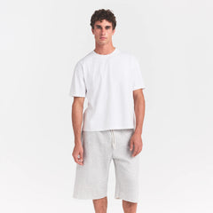 HEAVYWEIGHT COTTON MENS RELAXED CROPPED CREW NECK T-SHIRT | CHALK ON A MODEL FRONT VIEW @ | FOCUS: 0.0, 1.0, 0.9