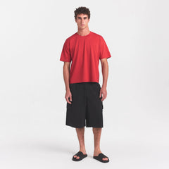 HEAVYWEIGHT COTTON MENS RELAXED CROPPED CREWNECK | WASHED RED ON A MODEL FRONT VIEW @ | FOCUS: 0.0, 1.0, 0.9