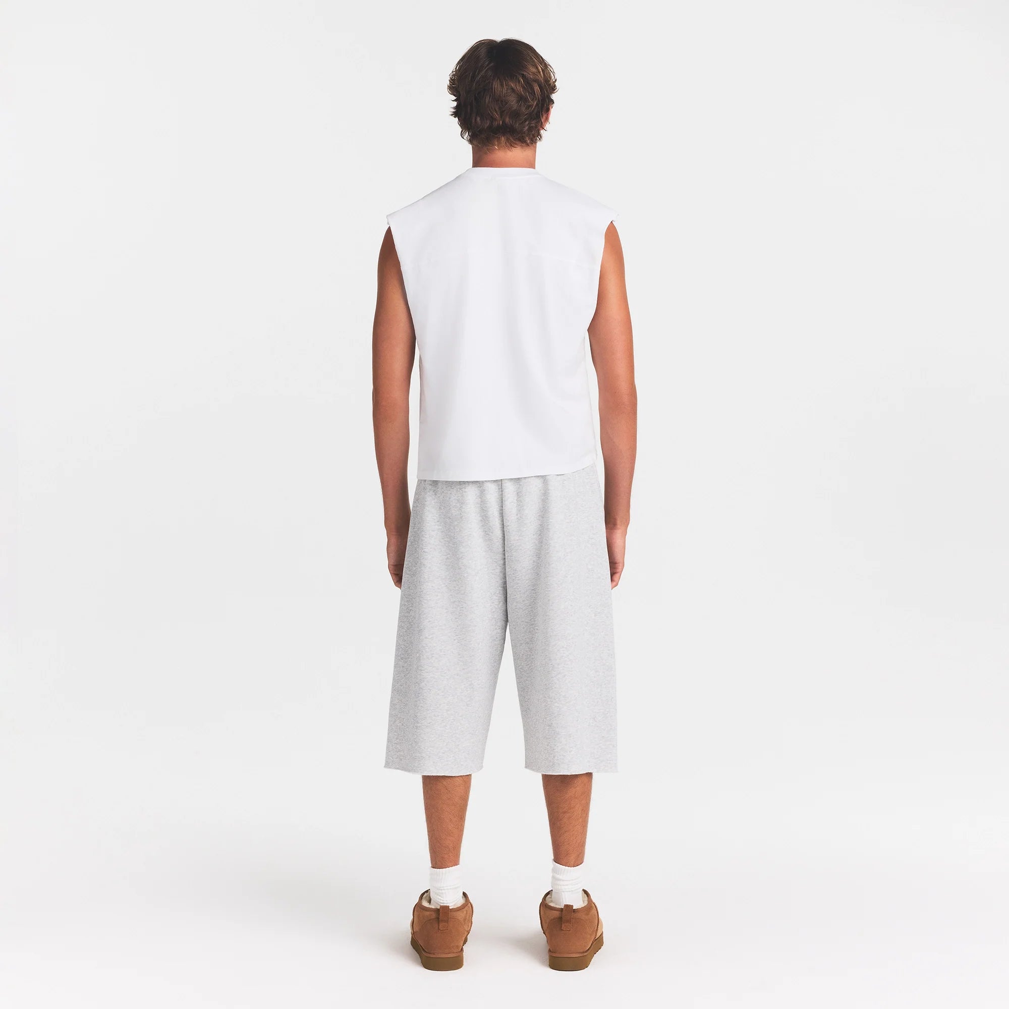 HEAVYWEIGHT COTTON MENS CROPPED MUSCLE TANK | CHALK ON A MODEL BACK VIEW