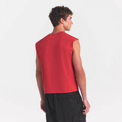 HEAVYWEIGHT COTTON MENS CROPPED MUSCLE TANK | WASHED RED ON A MODEL SIDE VIEW @ | FOCUS: 0.0, 1.0, 0.9