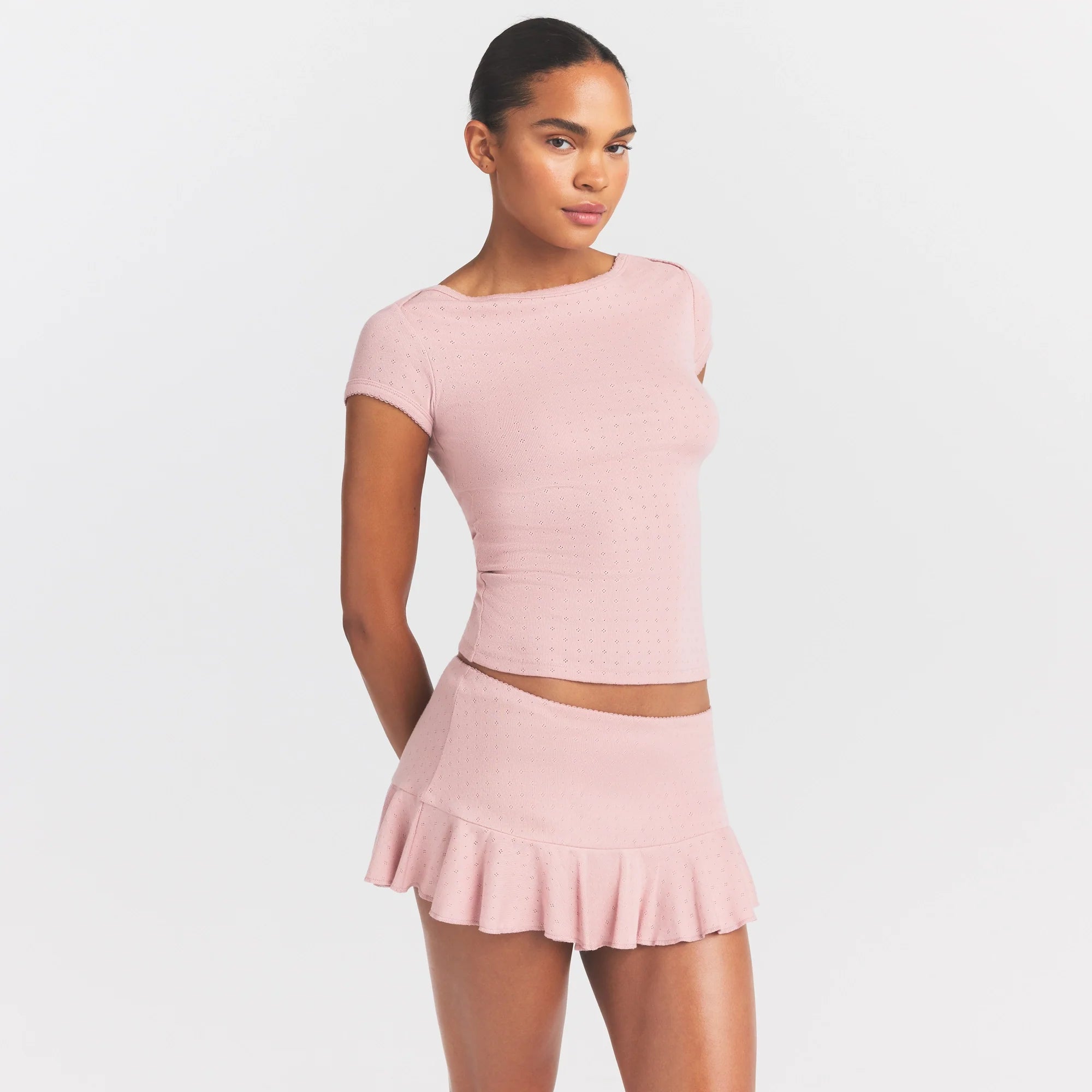 HEAVY POINTELLE BOATNECK TEE | MORGANITE ON A MODEL SIDE VIEW @ | FOCUS: 0.0, 1.0, 0.9