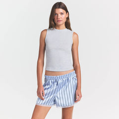 WORN IN JERSEY HIGH CREW TANK | LIGHT HEATHER GREY ON A MODEL SIDE VIEW @ | FOCUS: 0.0, 1.0, 0.9