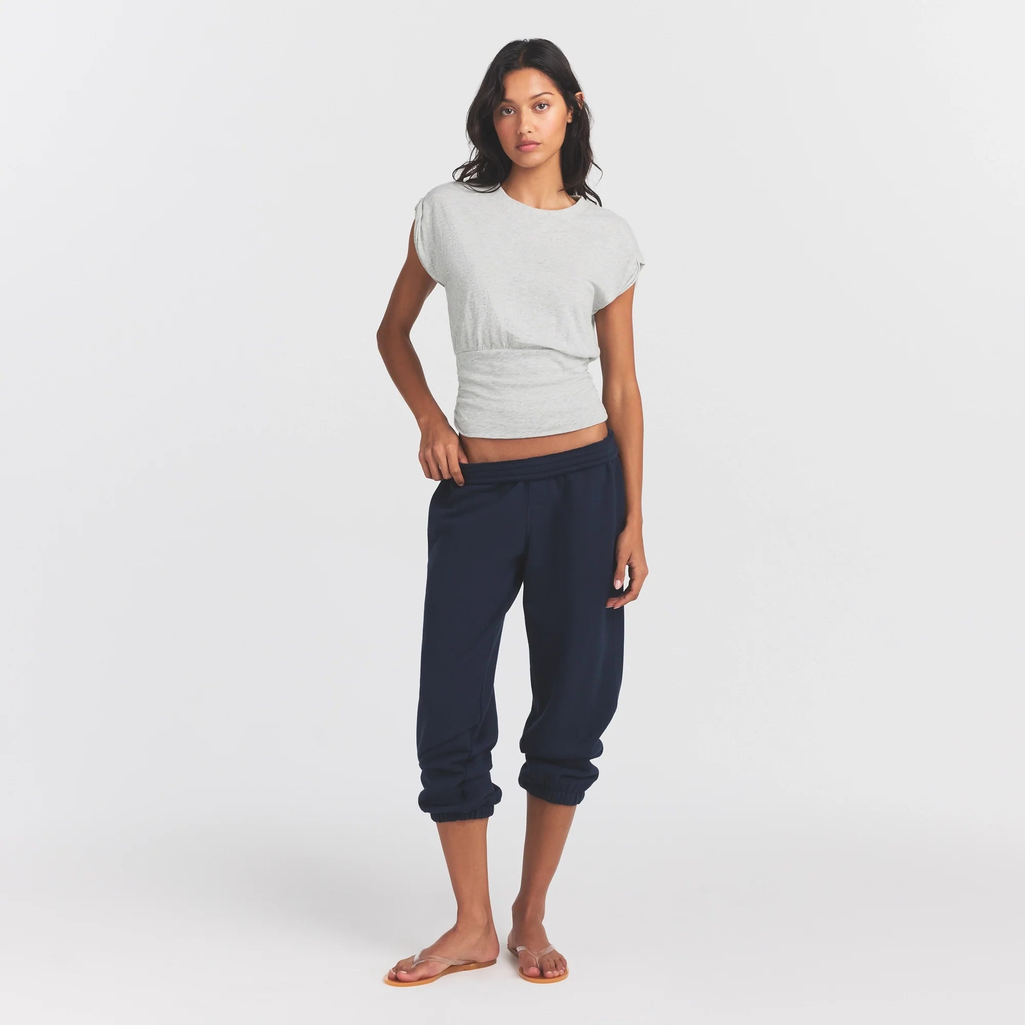 WORN IN JERSEY RUCHED TEE | LIGHT HEATHER GREY ON A MODEL FRONT VIEW @ | FOCUS: 0.0, 1.0, 0.9