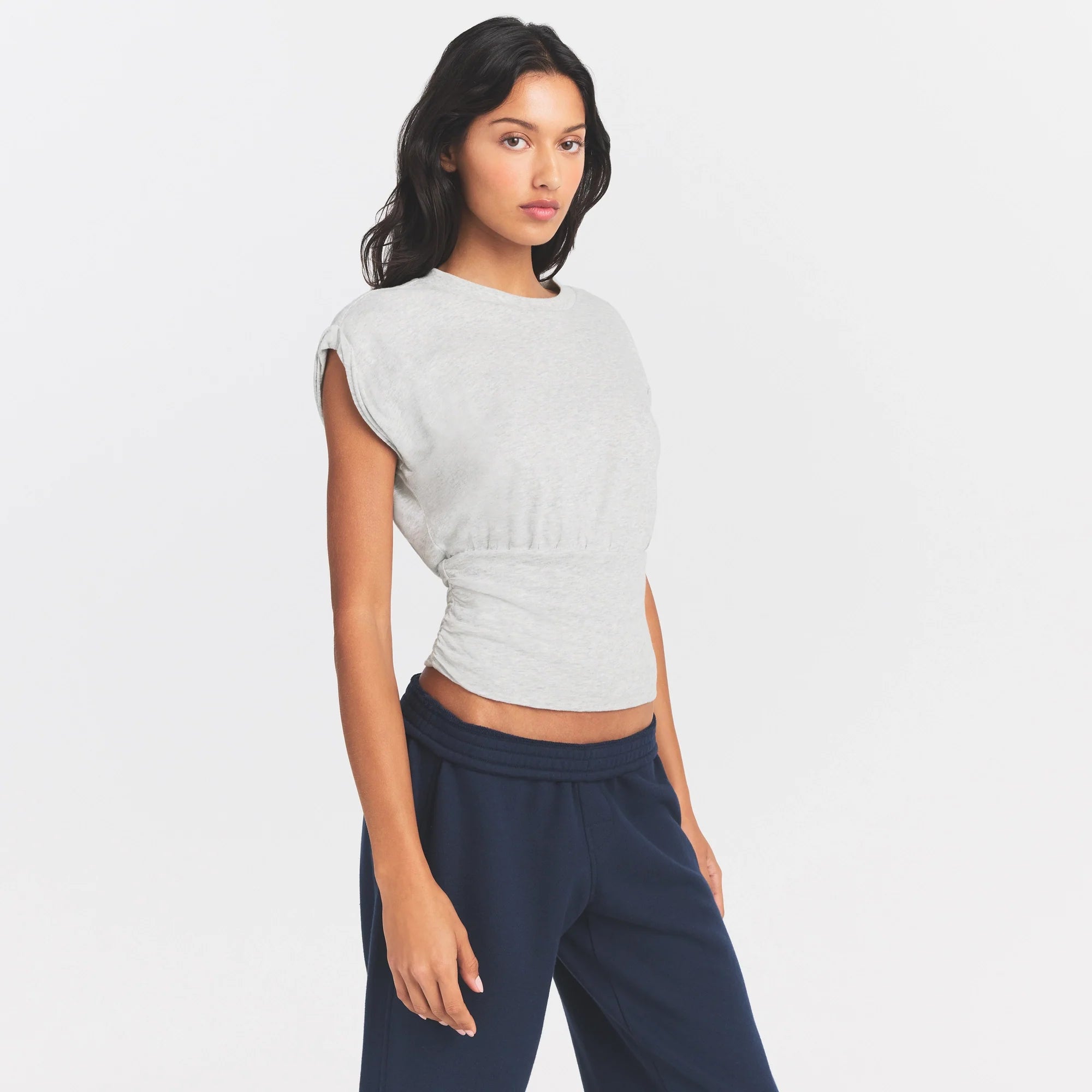 WORN IN JERSEY RUCHED TEE | LIGHT HEATHER GREY ON A MODEL SIDE VIEW @ | FOCUS: 0.0, 1.0, 0.9