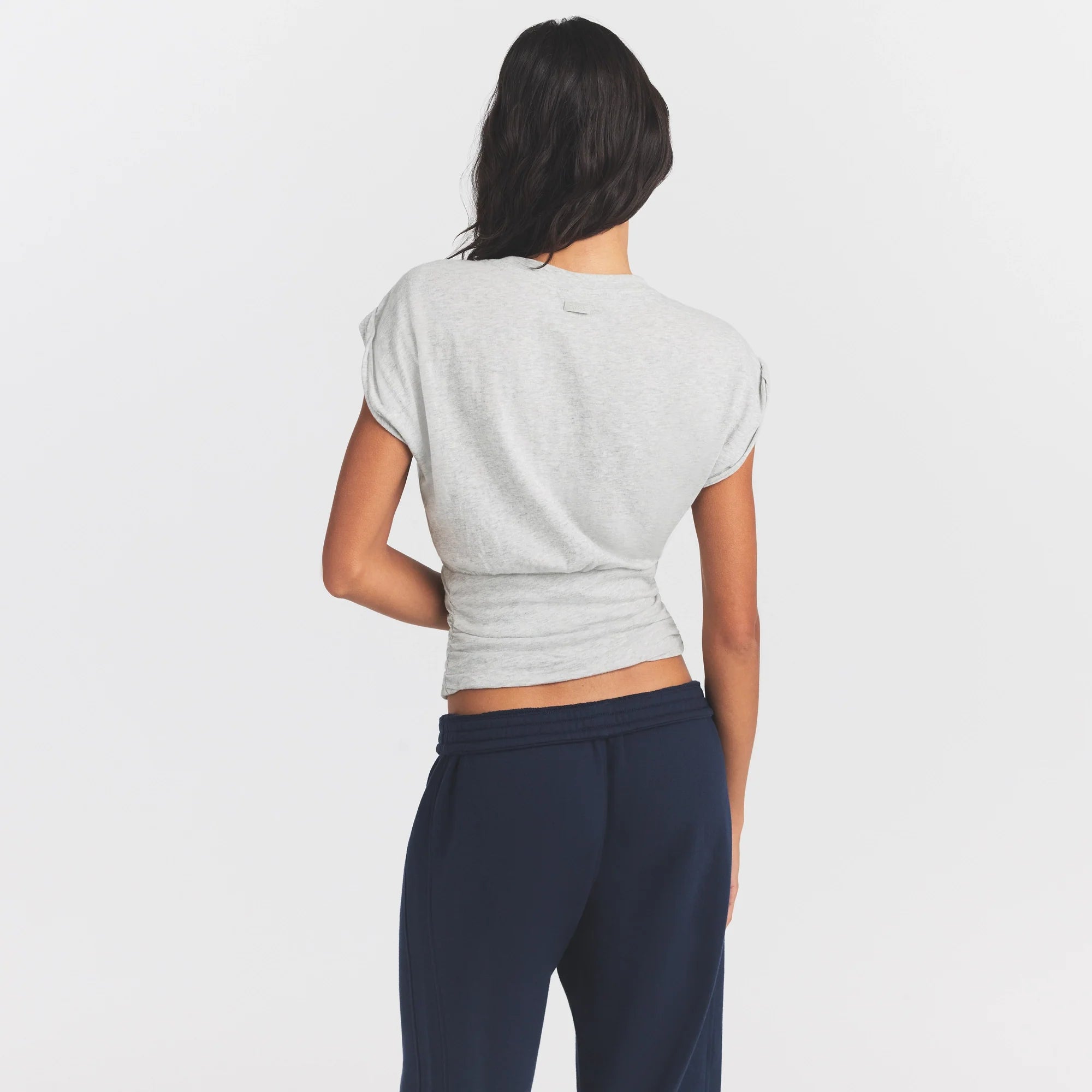 WORN IN JERSEY RUCHED TEE | LIGHT HEATHER GREY ON A MODEL SIDE VIEW @ | FOCUS: 0.0, 1.0, 0.9