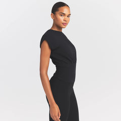 WORN IN JERSEY RUCHED TEE | WASHED ONYX ON A MODEL SIDE VIEW @ | FOCUS: 0.0, 1.0, 0.9