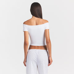 COTTON JERSEY OFF THE SHOULDER TOP | MARBLE ON A MODEL SIDE VIEW @ | FOCUS: 0.0, 1.0, 0.9