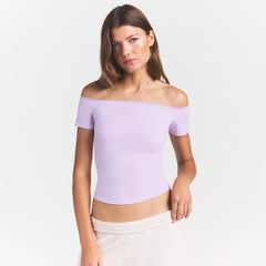 COTTON JERSEY OFF THE SHOULDER TOP | SUGAR PLUM ON A MODEL SIDE VIEW @ | FOCUS: 0.0, 1.0, 0.9