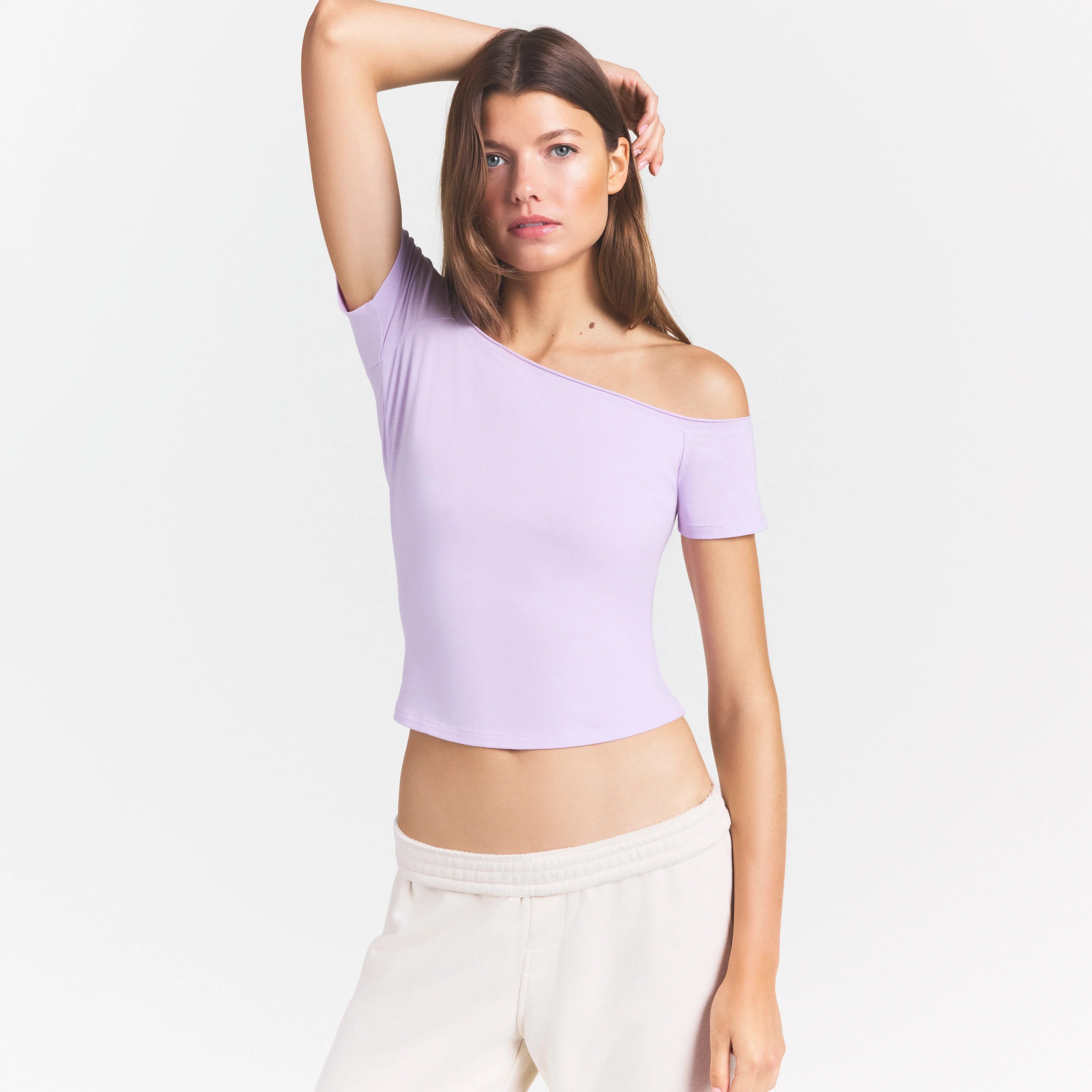 COTTON JERSEY OFF THE SHOULDER TOP | SUGAR PLUM ON A MODEL SIDE VIEW @ | FOCUS: 0.0, 1.0, 0.9