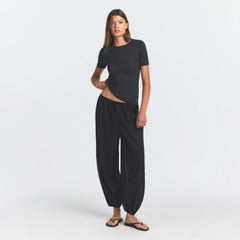 SHEER MODAL LONG T-SHIRT | ONYX ON A MODEL FRONT VIEW