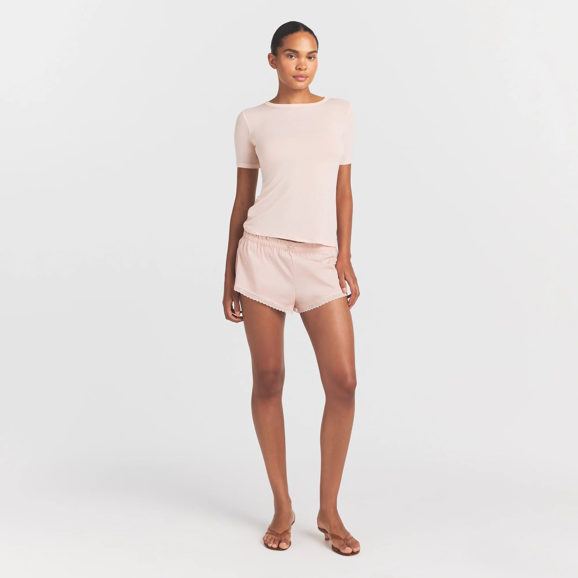 SHEER MODAL LONG T-SHIRT | PRIMROSE ON A MODEL FRONT VIEW