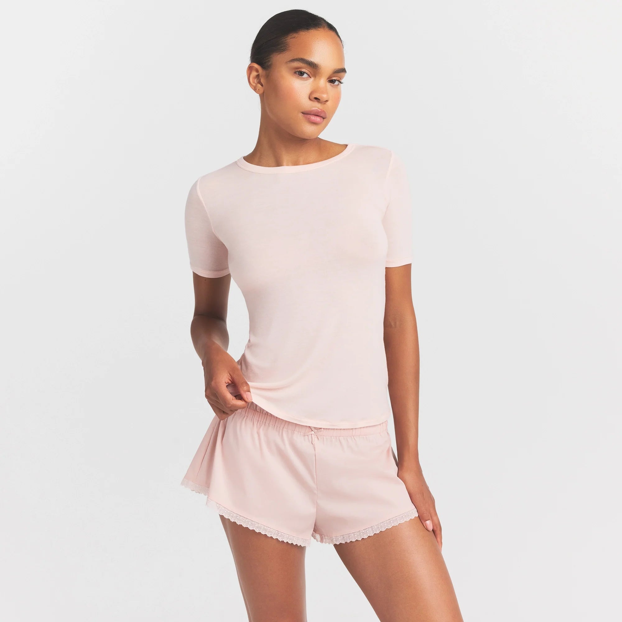 SHEER MODAL LONG T-SHIRT | PRIMROSE ON A MODEL SIDE VIEW