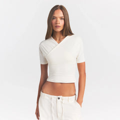 COTTON JERSEY WRAP TOP | MARBLE ON A MODEL SIDE VIEW @ | FOCUS: 0.0, 1.0, 0.9