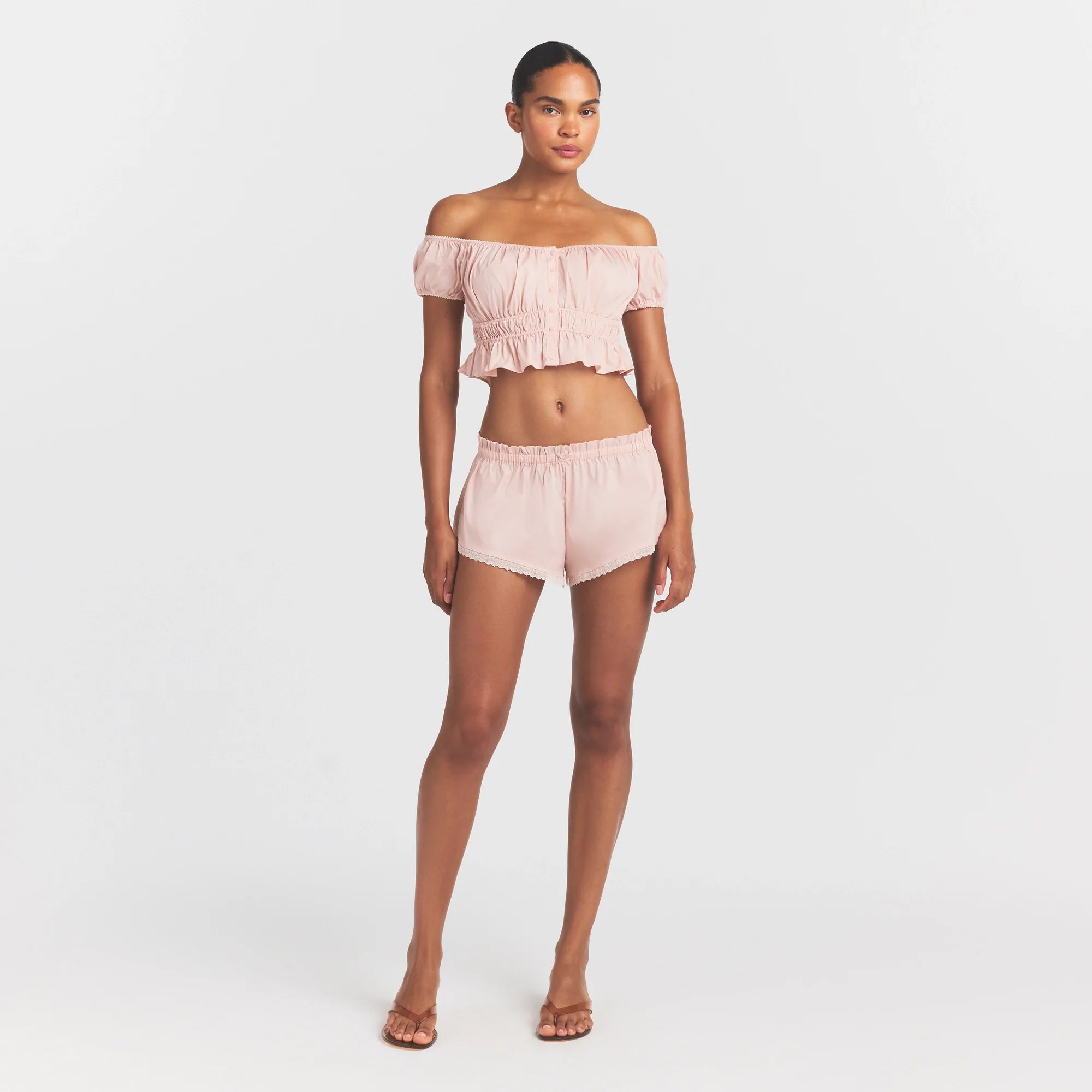 COTTON POPLIN OFF THE SHOULDER TOP | DUSTY PINK ON A MODEL FRONT VIEW @ | FOCUS: 0.0, 1.0, 0.9