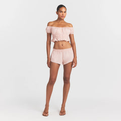 COTTON POPLIN OFF THE SHOULDER TOP | DUSTY PINK ON A MODEL FRONT VIEW @ | FOCUS: 0.0, 1.0, 0.9