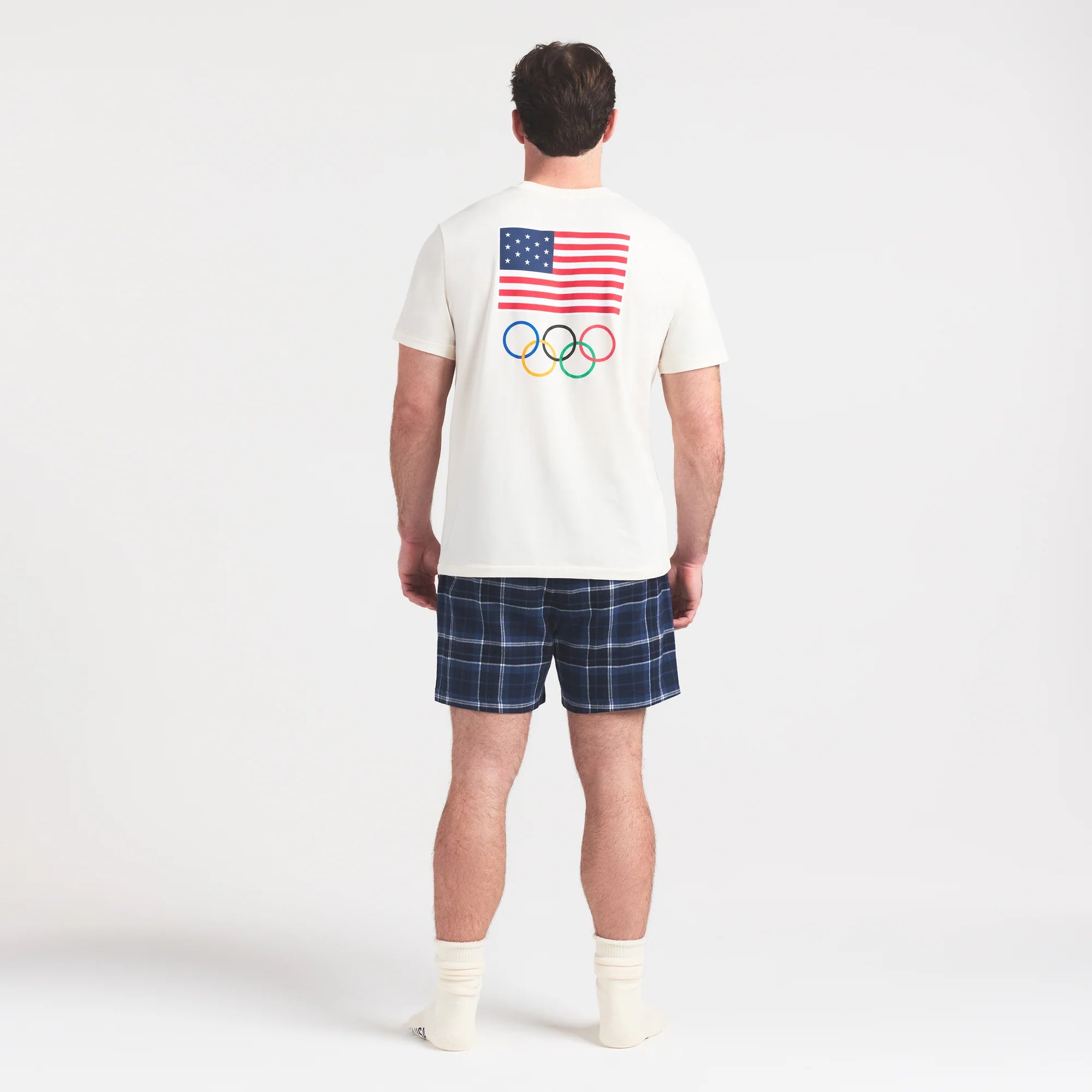 SKIMS FOR TEAM USA JERSEY SLEEP MENS OLYMPIC T-SHIRT | ECRU ON A MODEL FRONT VIEW @ | FOCUS: 0.0, 1.0, 0.9
