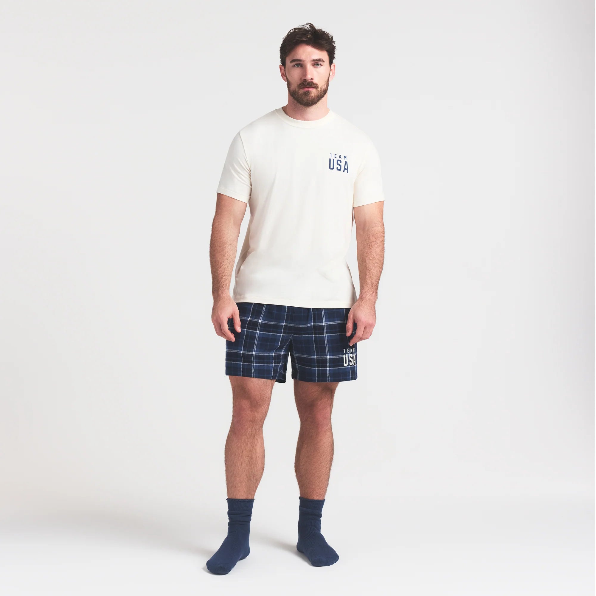SKIMS FOR TEAM USA JERSEY SLEEP MENS OLYMPIC T-SHIRT | ECRU ON A MODEL FRONT VIEW @ | FOCUS: 0.0, 1.0, 0.9