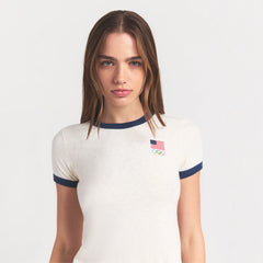 SKIMS FOR TEAM USA WORN IN JERSEY OLYMPIC SHRUNKEN T-SHIRT | ECRU ON A MODEL SIDE VIEW @ | FOCUS: 0.0, 1.0, 0.9