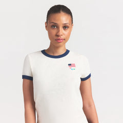 SKIMS FOR TEAM USA WORN IN JERSEY PARALYMPIC SHRUNKEN T-SHIRT | ECRU ON A MODEL SIDE VIEW @ | FOCUS: 0.0, 1.0, 0.9