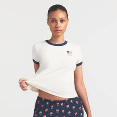 SKIMS FOR TEAM USA WORN IN JERSEY PARALYMPIC SHRUNKEN T-SHIRT | ECRU ON A MODEL SIDE VIEW @ | FOCUS: 0.0, 1.0, 0.9