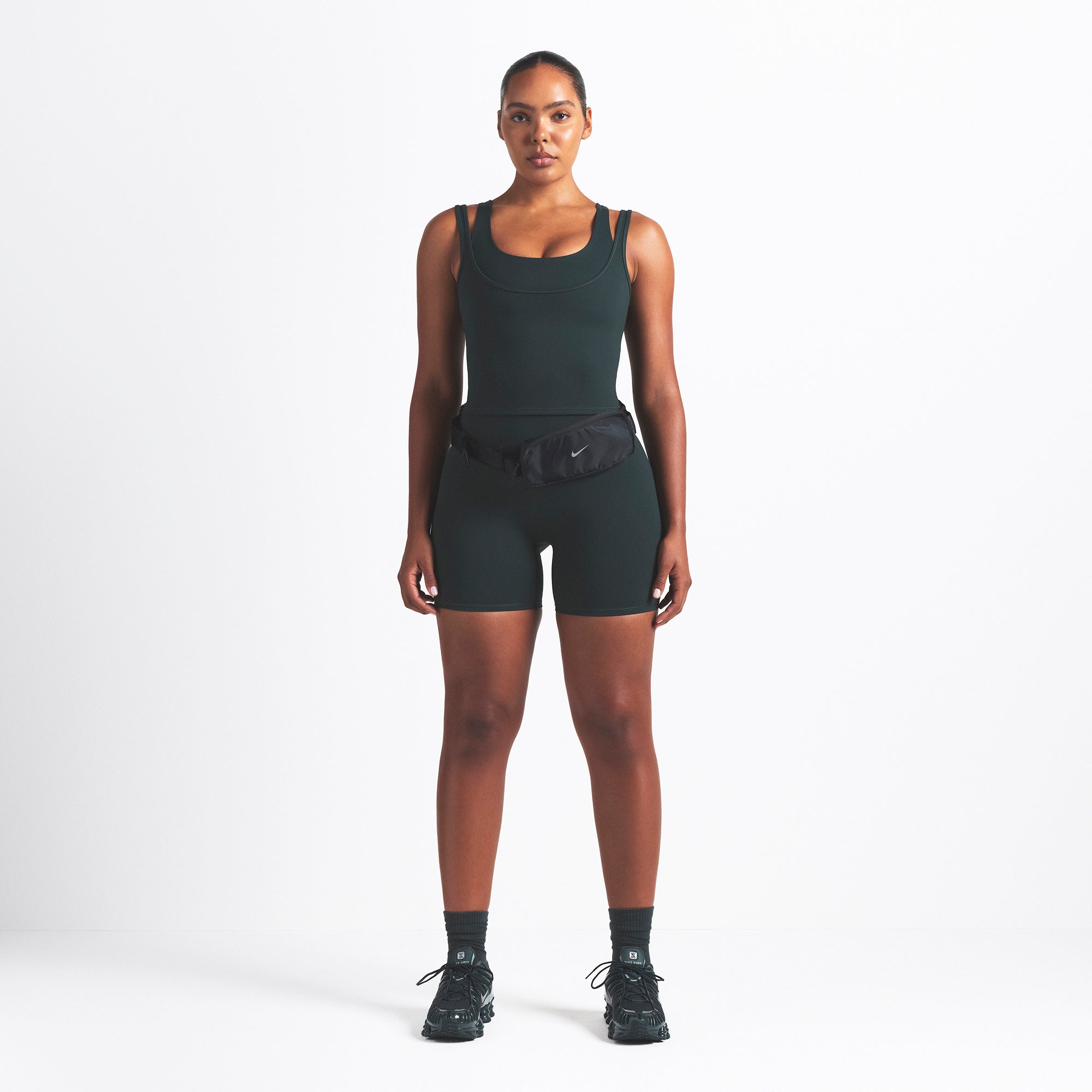 NikeSKIMS MATTE DOUBLE STRAP SCOOP TANK | DARK TEAL ON A MODEL FRONT VIEW @ | FOCUS: 0.0, 1.0, 0.9