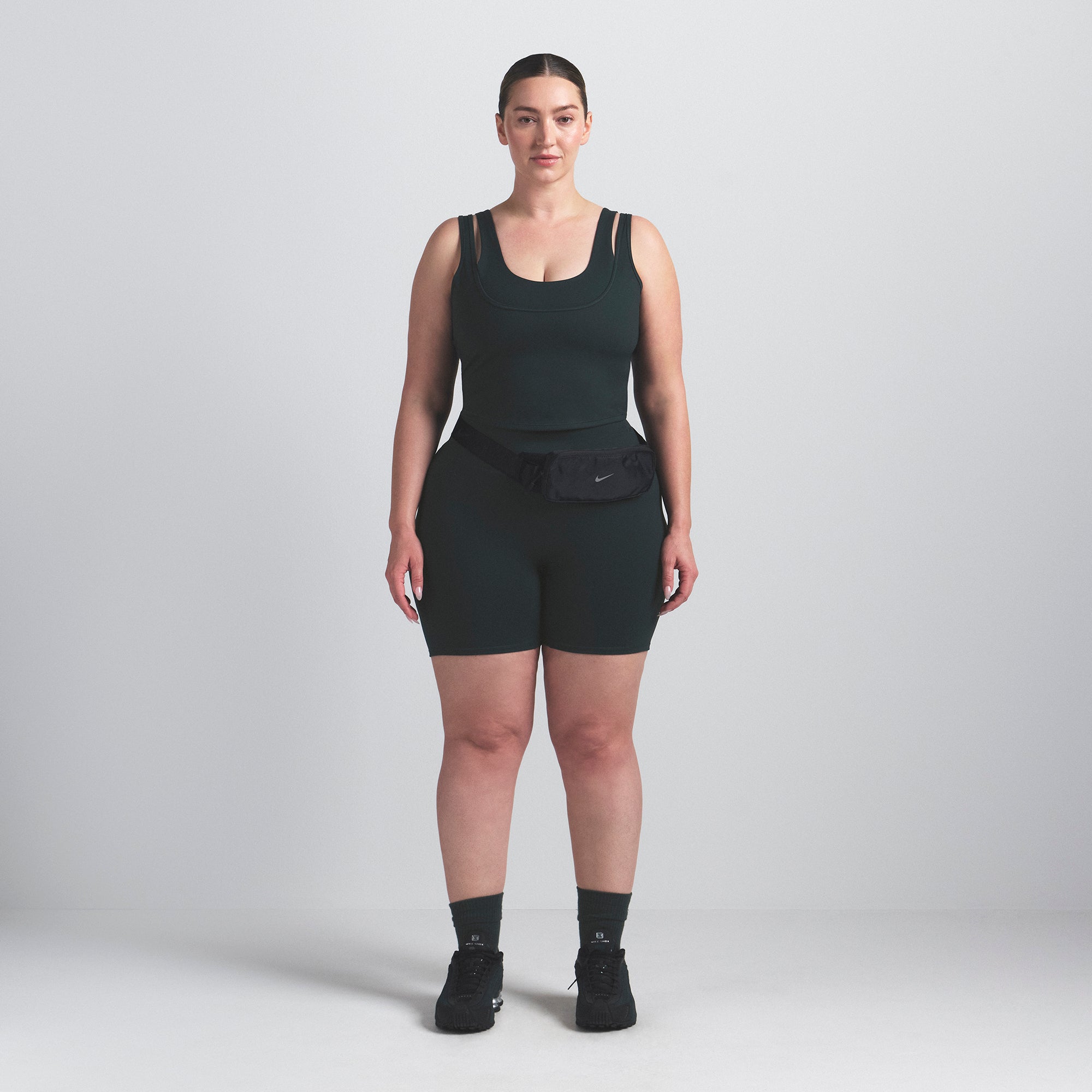 NikeSKIMS MATTE DOUBLE STRAP SCOOP TANK | DARK TEAL ON A MODEL FRONT VIEW @ | FOCUS: 0.0, 1.0, 0.9