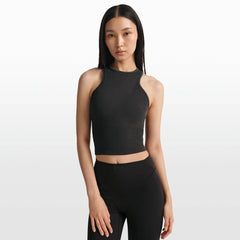 NikeSKIMS RIBBED SEAMLESS RACER FRONT TANK | OBSIDIAN/ARMOR ON A MODEL FRONT VIEW @ | FOCUS: 0.0, 1.0, 0.9