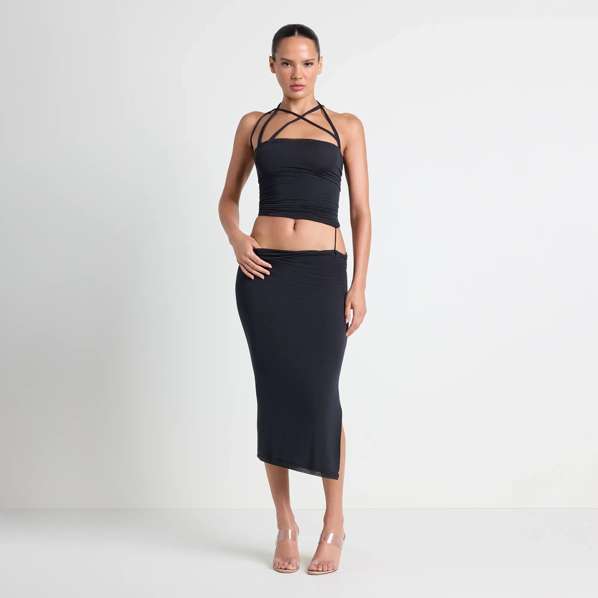 VETTESE X SKIMS SHEER MODAL TOP | ONYX ON A MODEL FRONT VIEW