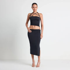 VETTESE X SKIMS SHEER MODAL TOP | ONYX ON A MODEL FRONT VIEW
