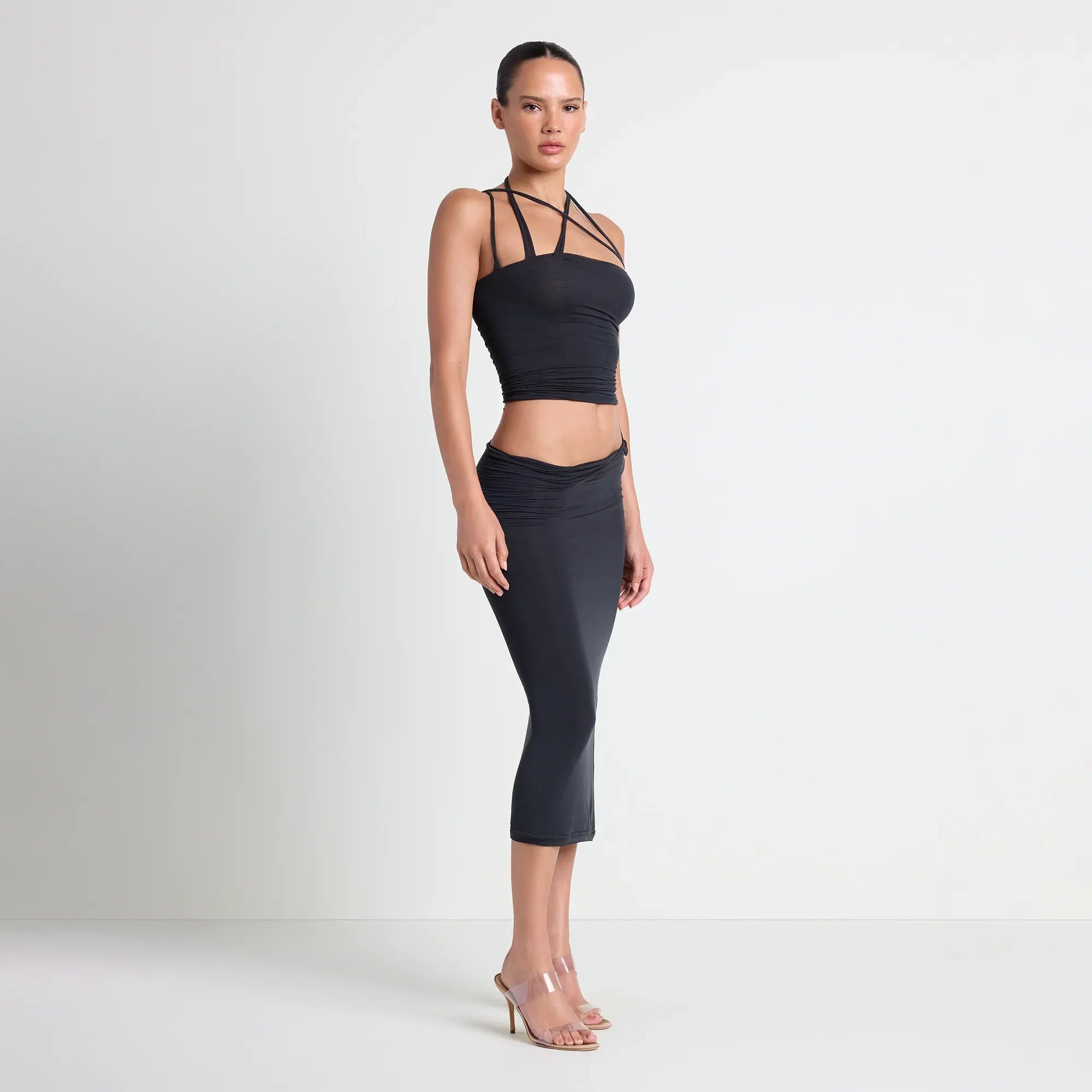 VETTESE X SKIMS SHEER MODAL TOP | ONYX ON A MODEL SIDE VIEW