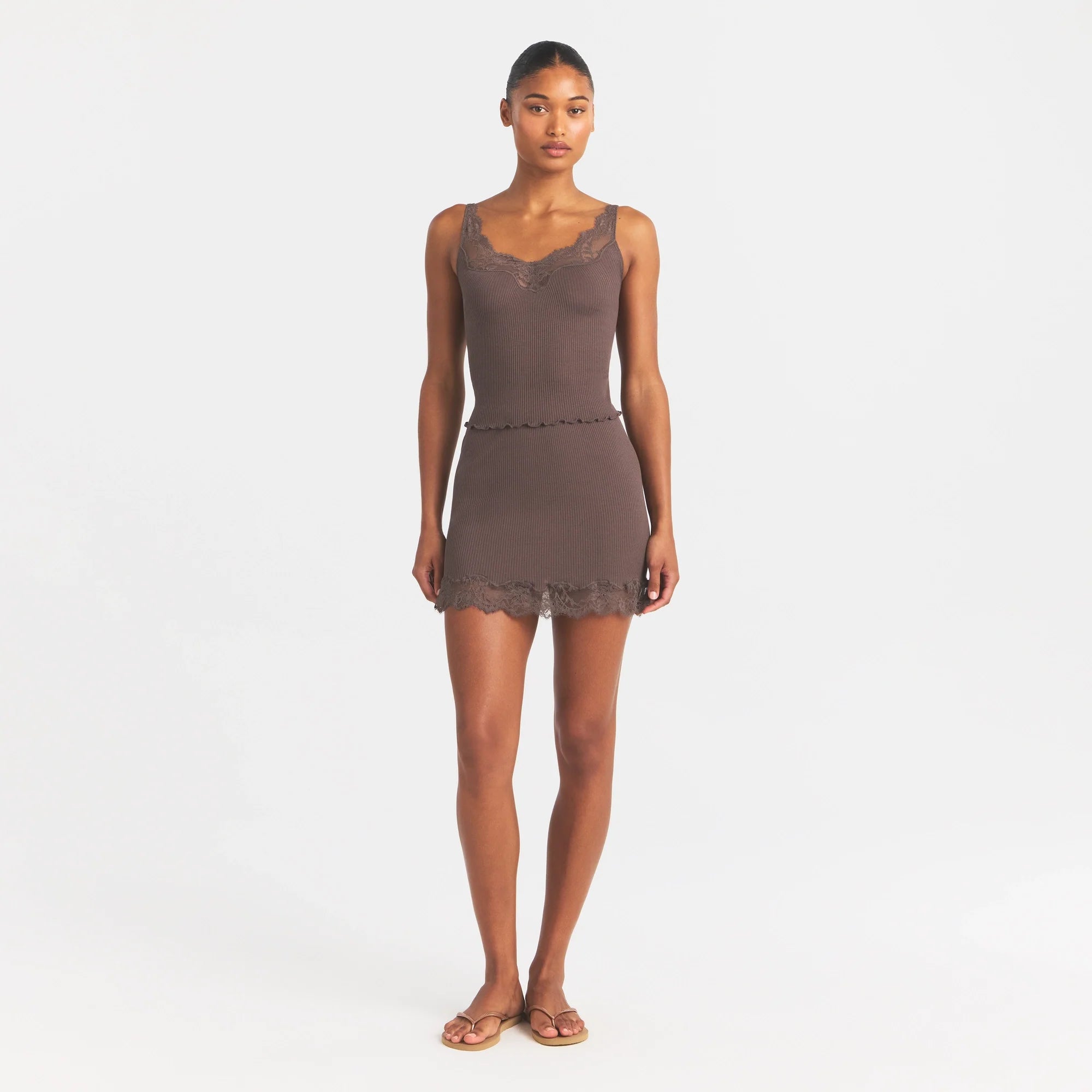 RIB KNIT LACE CAMI | AMETHYST ON A MODEL FRONT VIEW @ | FOCUS: 0.0, 1.0, 0.9