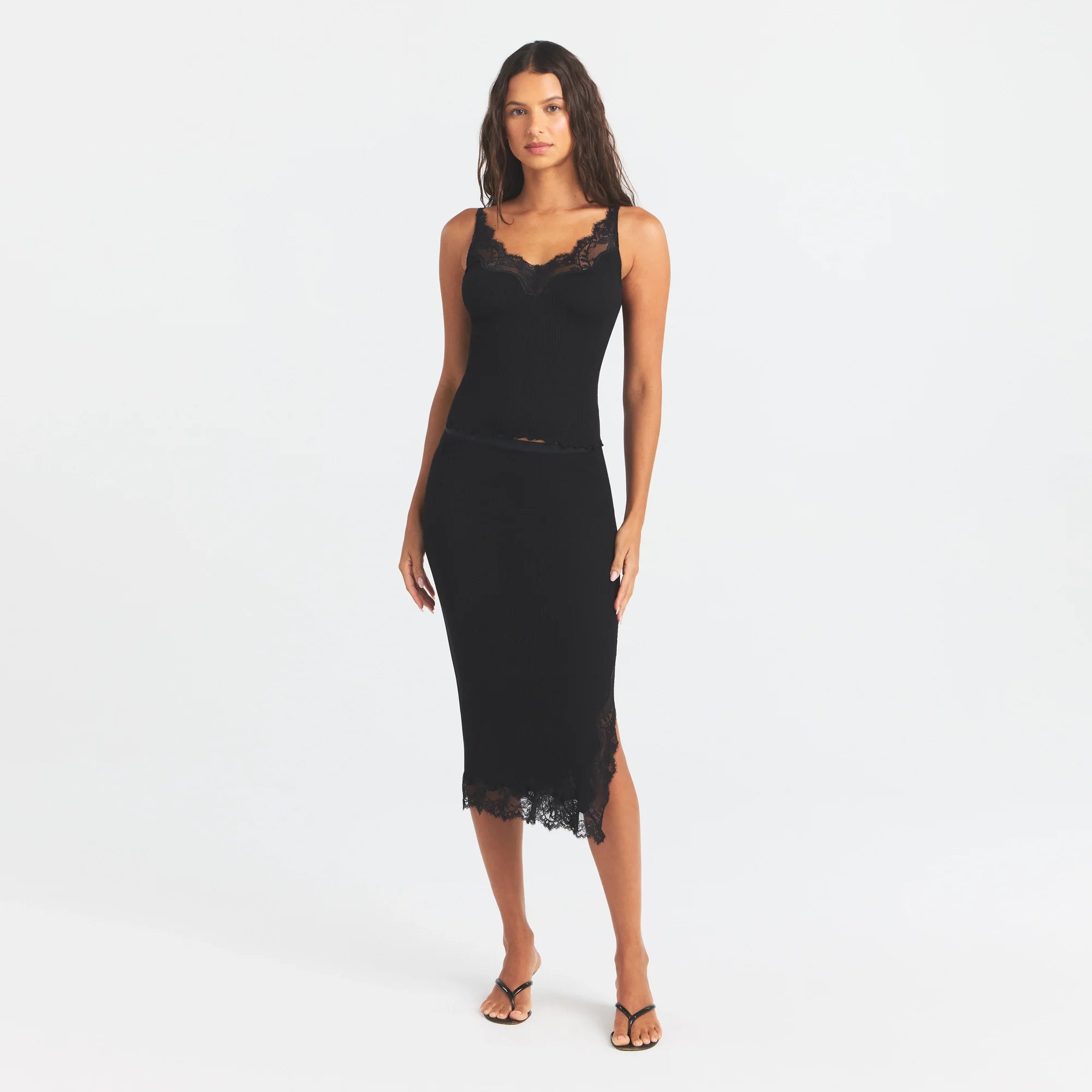 RIB KNIT LACE CAMI | OBSIDIAN ON A MODEL FRONT VIEW @ | FOCUS: 0.0, 1.0, 0.9