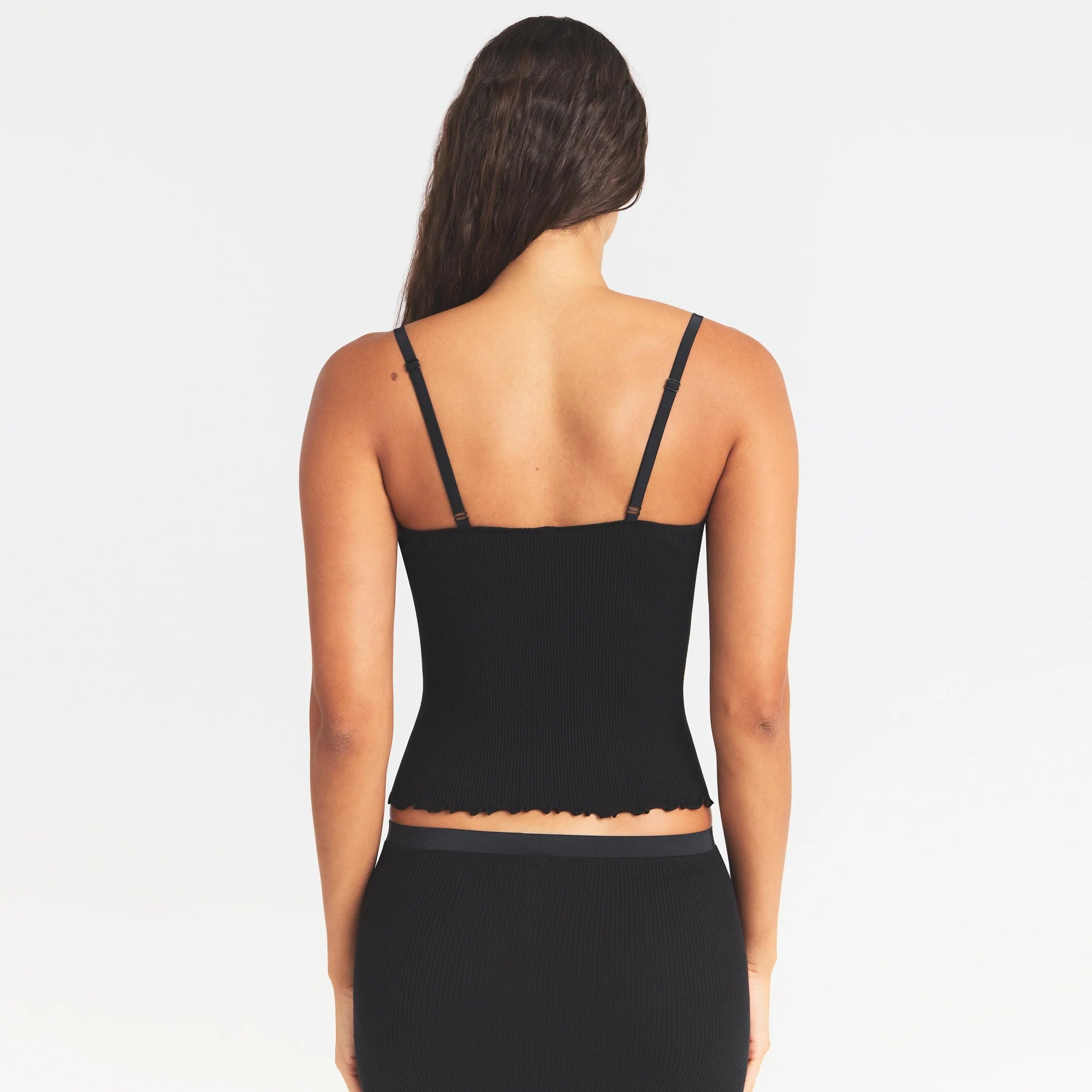 RIB KNIT LACE CAMI | OBSIDIAN ON A MODEL SIDE VIEW @ | FOCUS: 0.0, 1.0, 0.9
