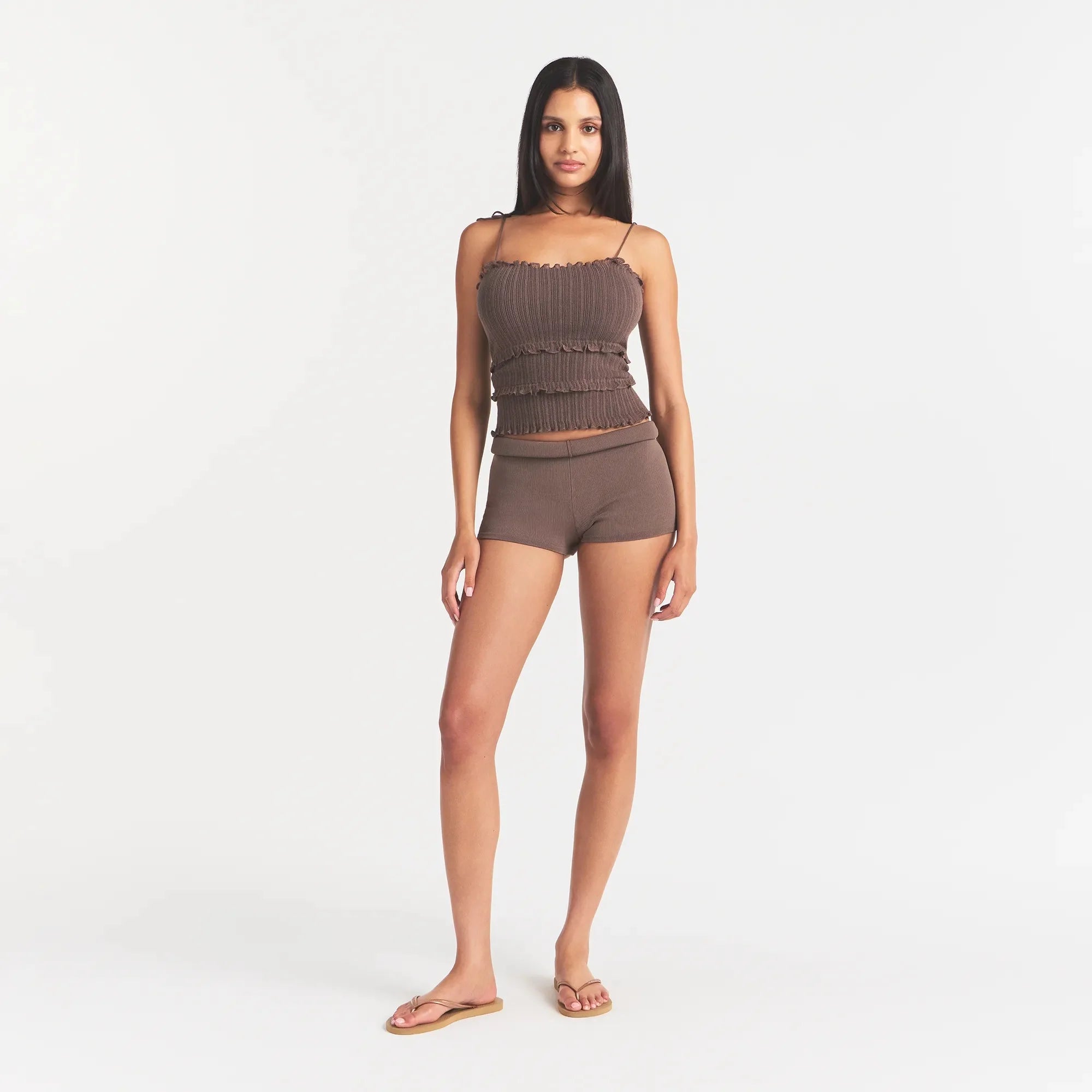 SHEER KNIT RUFFLE CAMI | AMETHYST ON A MODEL FRONT VIEW @ | FOCUS: 0.0, 1.0, 0.9