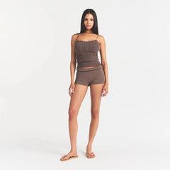 SHEER KNIT RUFFLE CAMI | AMETHYST ON A MODEL FRONT VIEW @ | FOCUS: 0.0, 1.0, 0.9