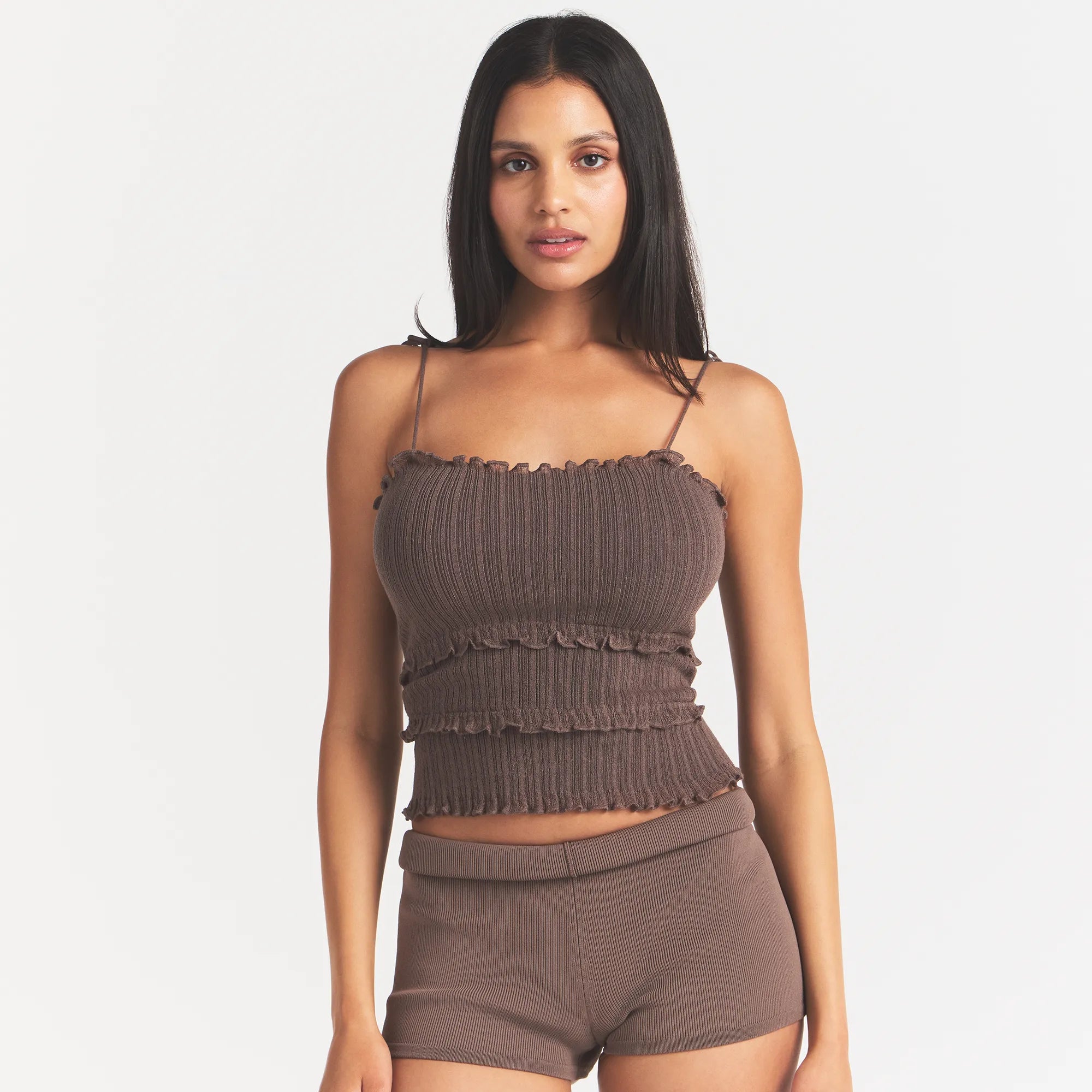 SHEER KNIT RUFFLE CAMI | AMETHYST ON A MODEL FRONT VIEW @ | FOCUS: 0.0, 1.0, 0.9