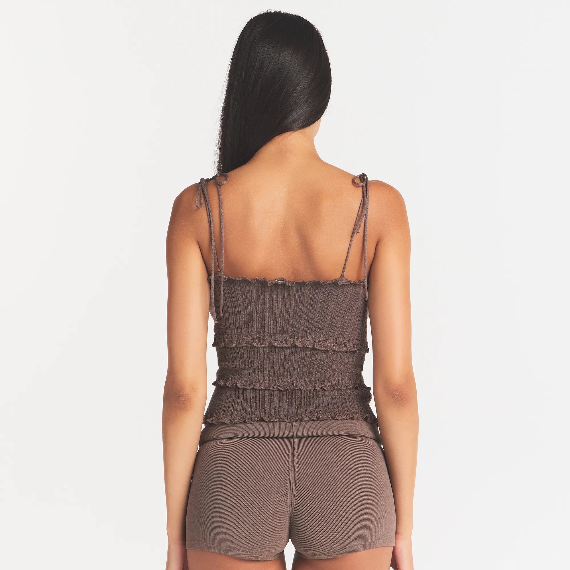 SHEER KNIT RUFFLE CAMI | AMETHYST ON A MODEL BACK VIEW @ | FOCUS: 0.0, 1.0, 0.9