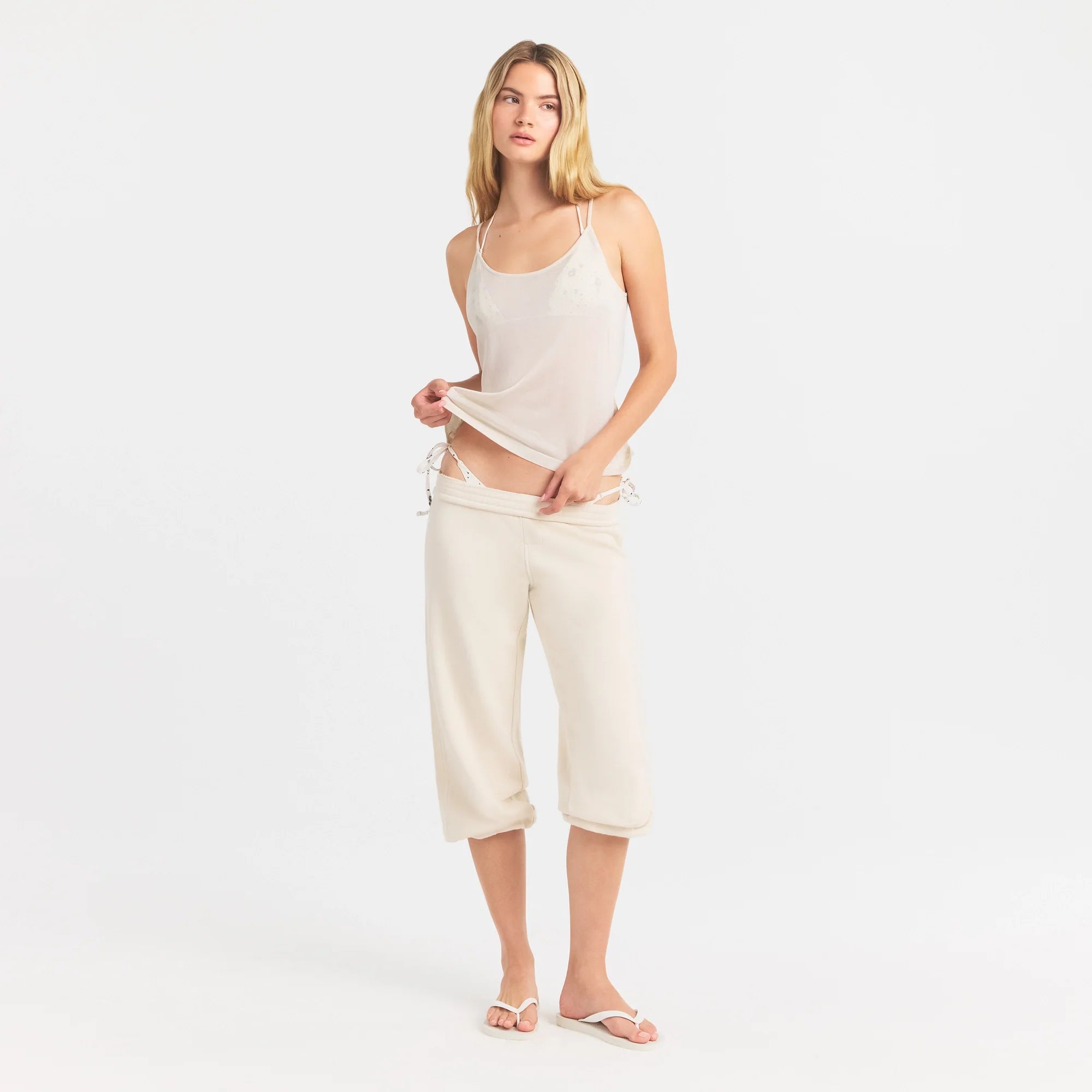 SLINKY KNIT CAMI | BUFF ON A MODEL FRONT VIEW @ | FOCUS: 0.0, 1.0, 0.9