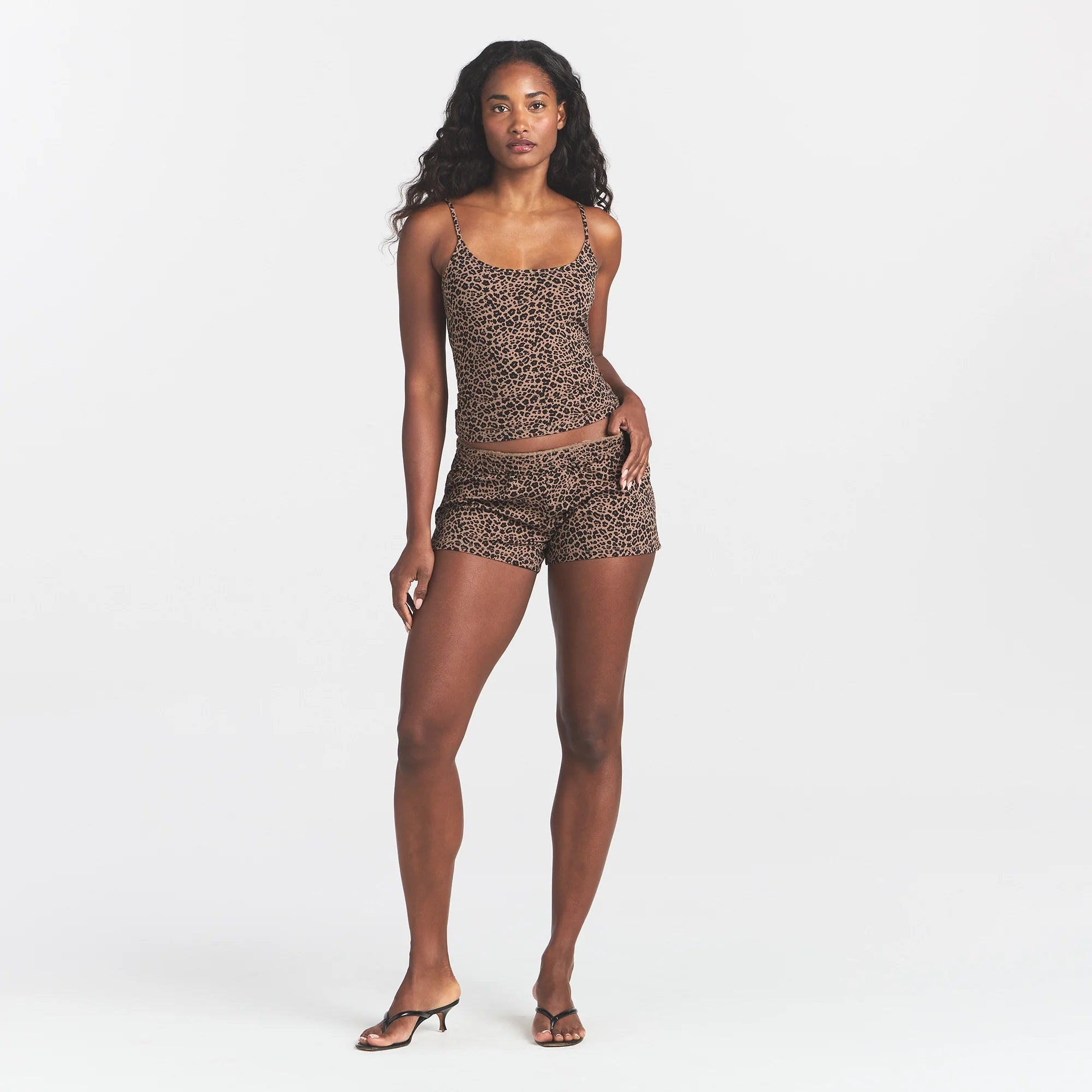 COTTON JERSEY SCOOP NECK CAMI | SIENNA NATURAL LEOPARD ON A MODEL FRONT VIEW @ | FOCUS: 0.0, 1.0, 0.9