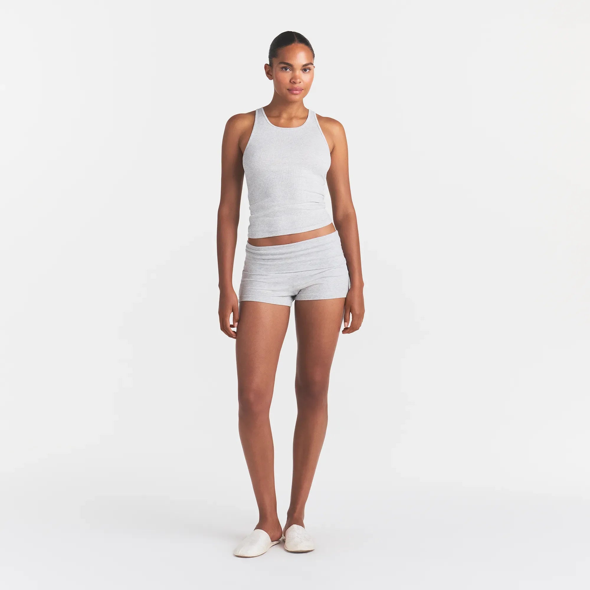 RIB SLEEP TANK | LIGHT HEATHER GREY ON A MODEL | FOCUS: 0.0, 1.0, 0.9