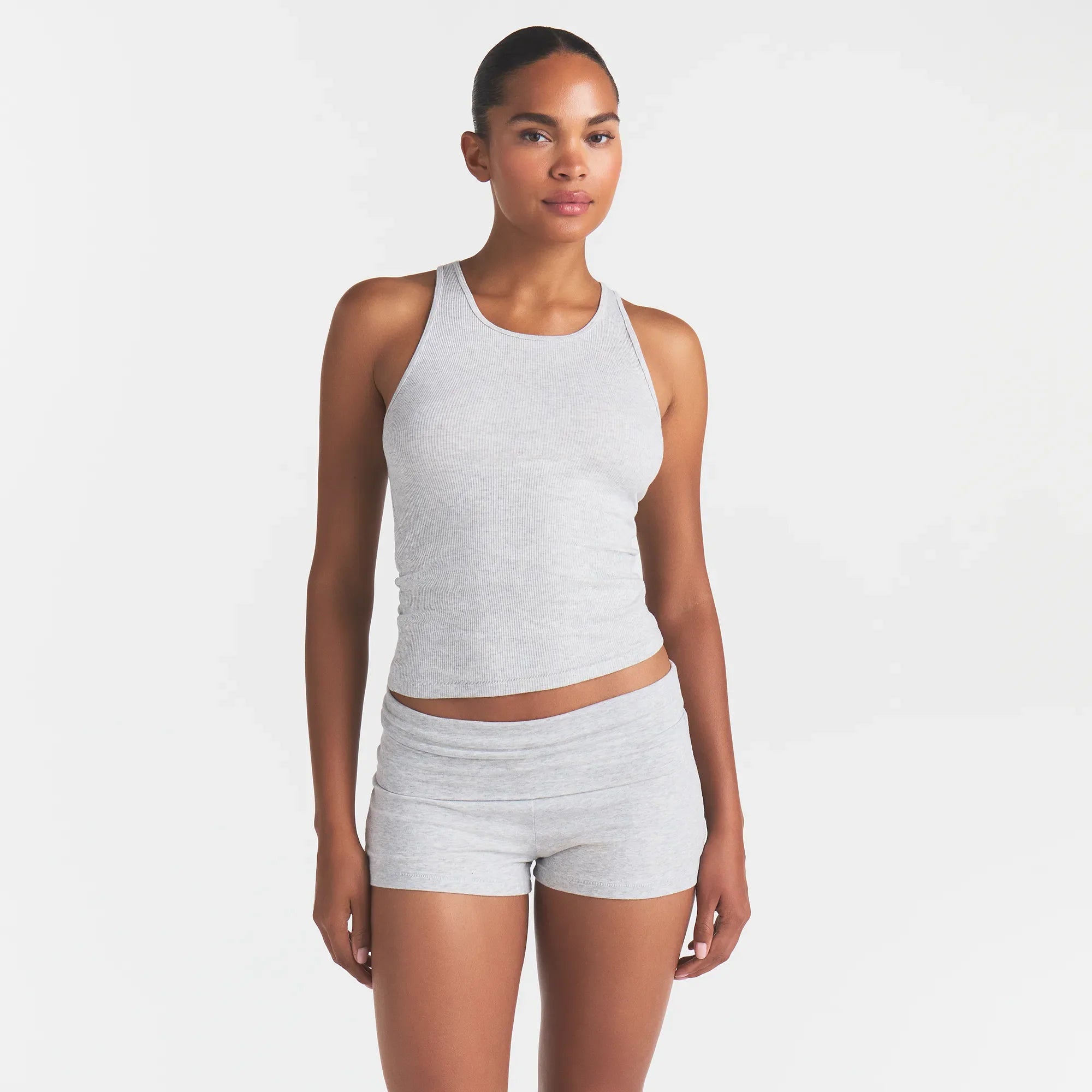 RIB SLEEP TANK | LIGHT HEATHER GREY ON A MODEL | FOCUS: 0.0, 1.0, 0.9