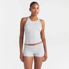 RIB SLEEP TANK | LIGHT HEATHER GREY ON A MODEL | FOCUS: 0.0, 1.0, 0.9