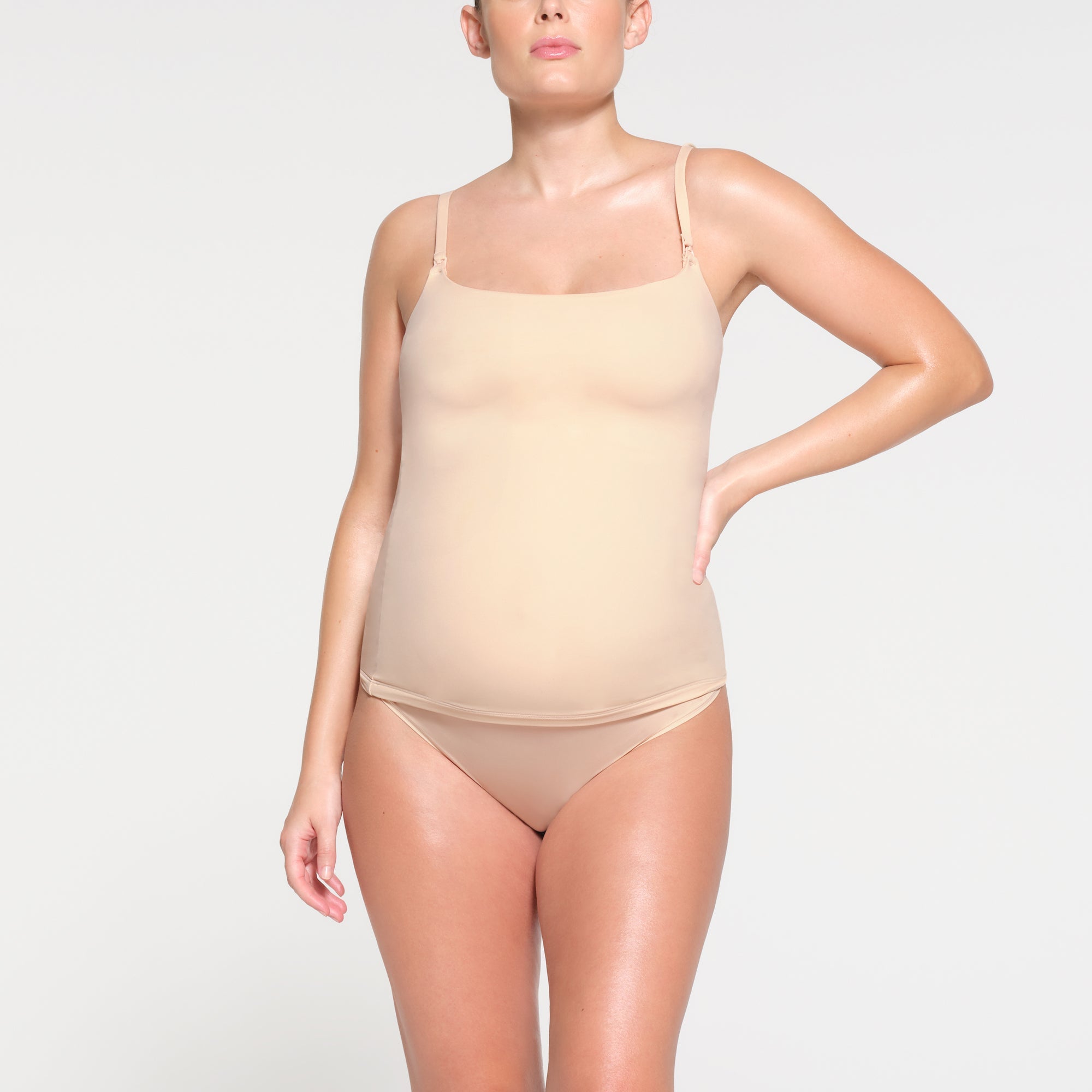 FITS EVERYBODY MATERNITY NURSING TANK  | SAND ON A MODEL FRONT VIEW