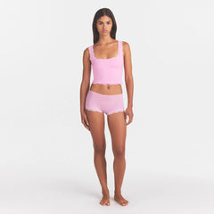 FITS EVERYBODY LACE TANK | BUBBLE GUM TONAL ON A MODEL FRONT VIEW @ | FOCUS: 0.0, 1.0, 0.9