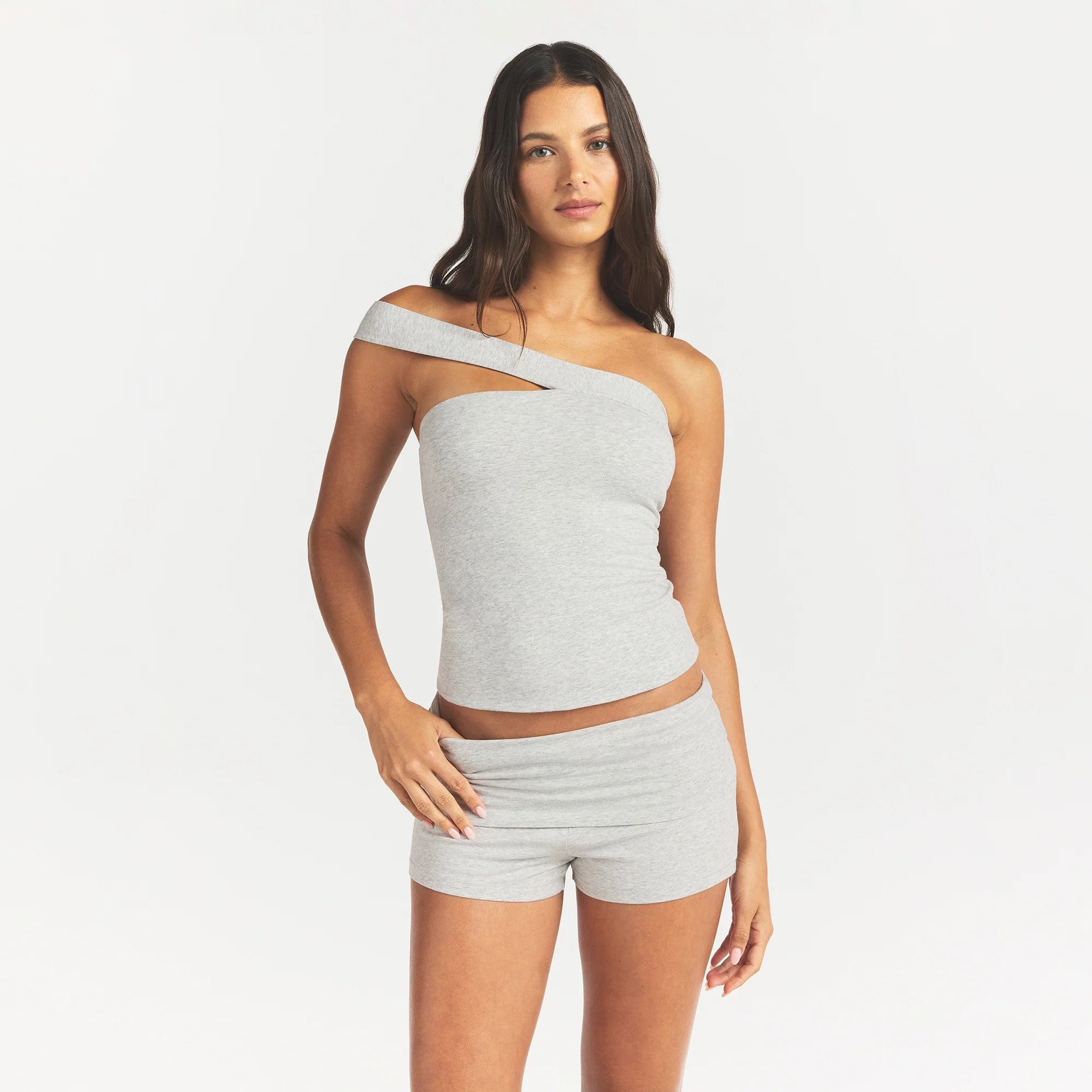 COTTON JERSEY ASYMMETRICAL TUBE TOP | LIGHT HEATHER GREY ON A MODEL FRONT VIEW @ | FOCUS: 0.0, 1.0, 0.9