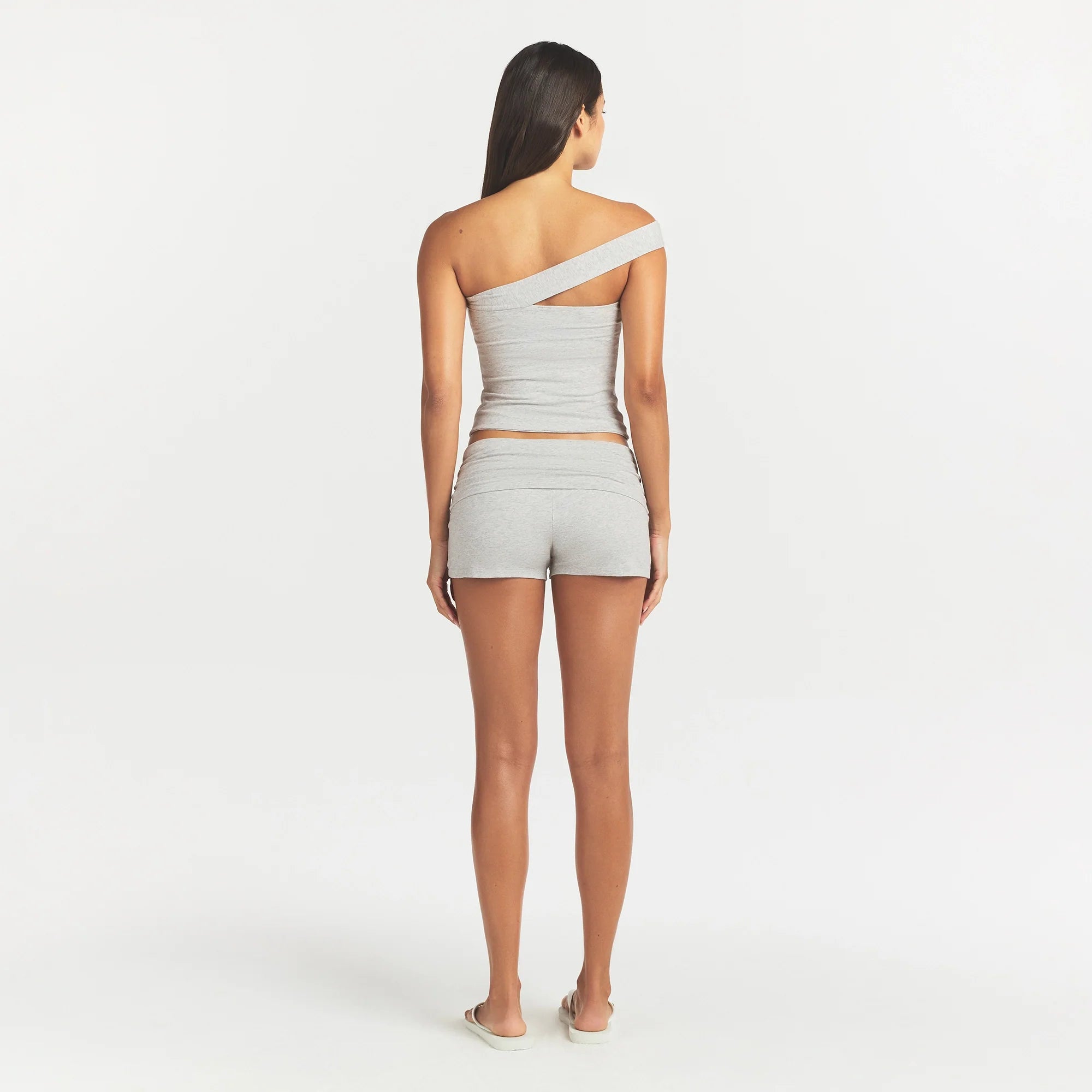 COTTON JERSEY ASYMMETRICAL TUBE TOP | LIGHT HEATHER GREY ON A MODEL BACK VIEW @ | FOCUS: 0.0, 1.0, 0.9