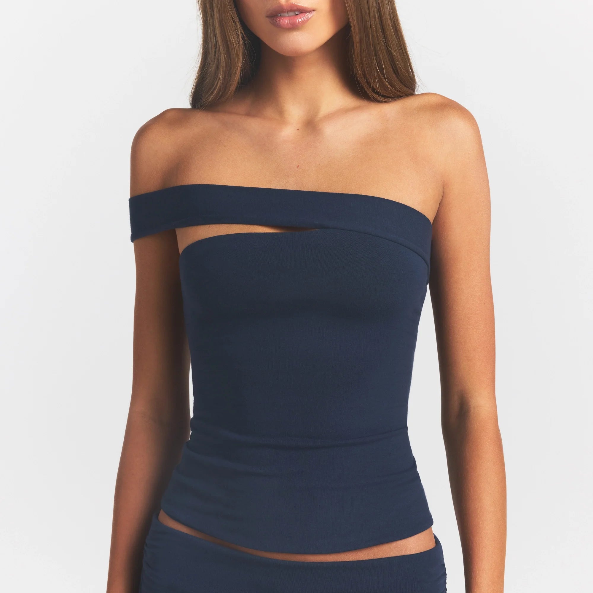 COTTON JERSEY ASYMMETRICAL TOP | NAVY ON A MODEL SIDE VIEW @ | FOCUS: 0.0, 1.0, 0.9