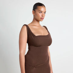 VETTESE X SKIMS SHEER MODAL DRAPED BRALETTE | COCOA ON A MODEL SIDE VIEW| FOCUS: 0.0, 1.0, 0.9