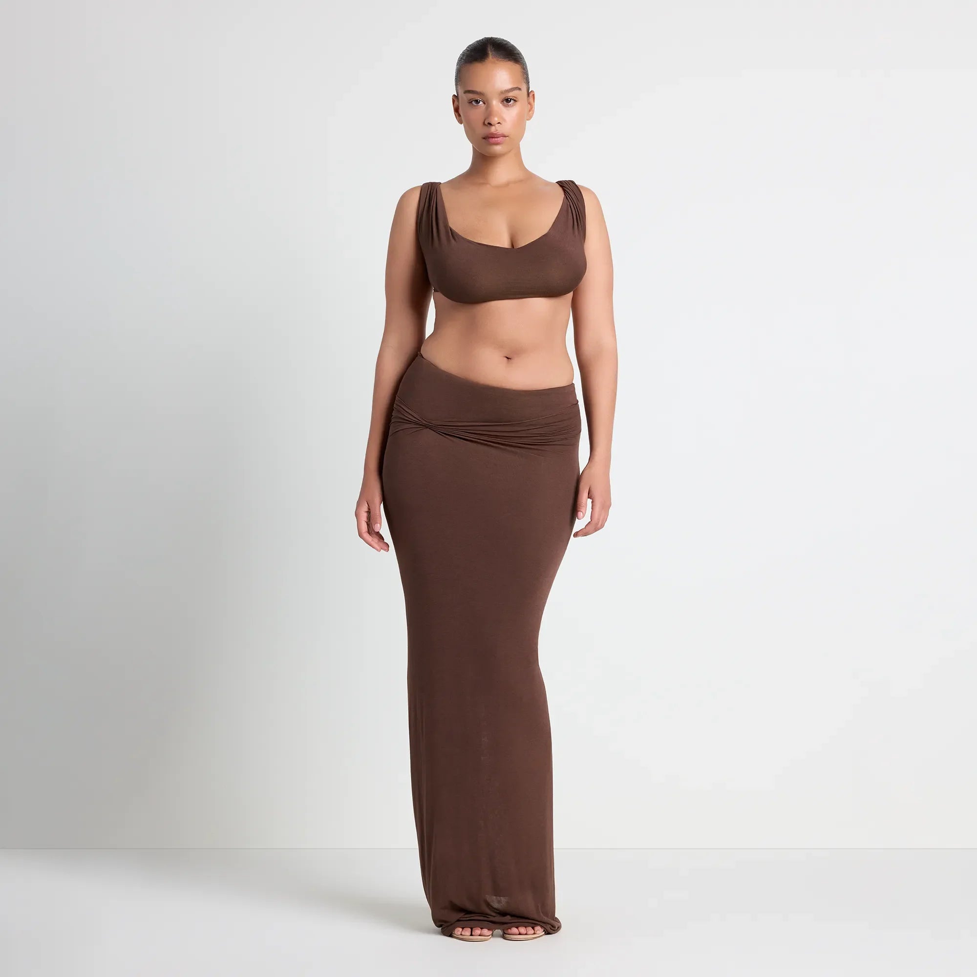 VETTESE X SKIMS SHEER MODAL DRAPED BRALETTE | COCOA ON A MODEL FRONT VIEW | FOCUS: 0.0, 1.0, 0.9