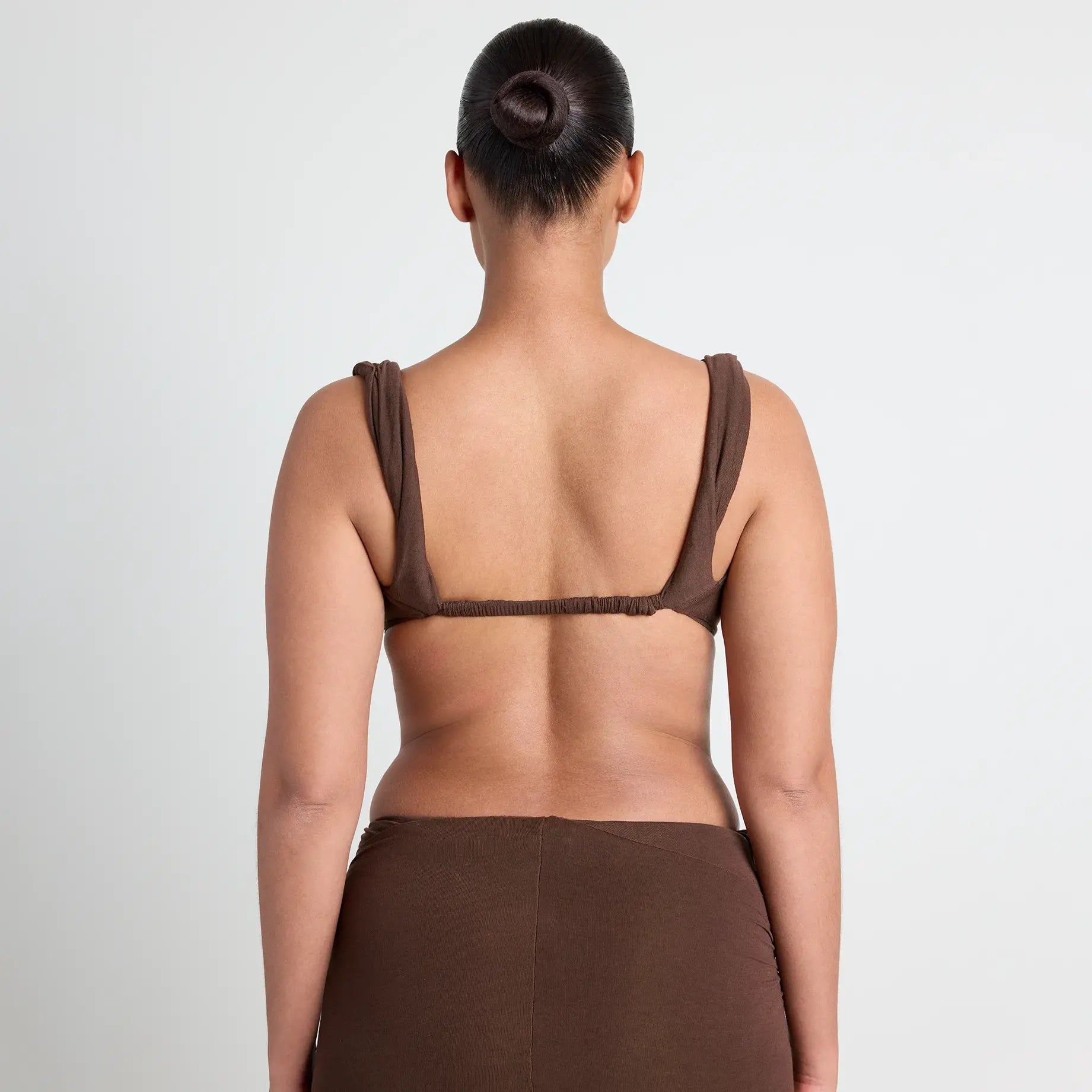 VETTESE X SKIMS SHEER MODAL DRAPED BRALETTE | COCOA ON A MODEL BACK VIEW | FOCUS: 0.0, 1.0, 0.9